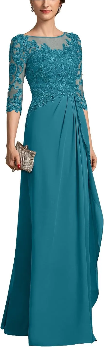 Mother of The Bride Dresses for Women Chiffon A-Line Scoop Illusion Evening Gowns with Beading Sequins ZXF006