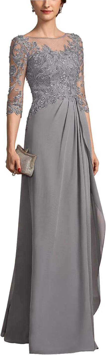 Mother of The Bride Dresses for Women Chiffon A-Line Scoop Illusion Evening Gowns with Beading Sequins ZXF006