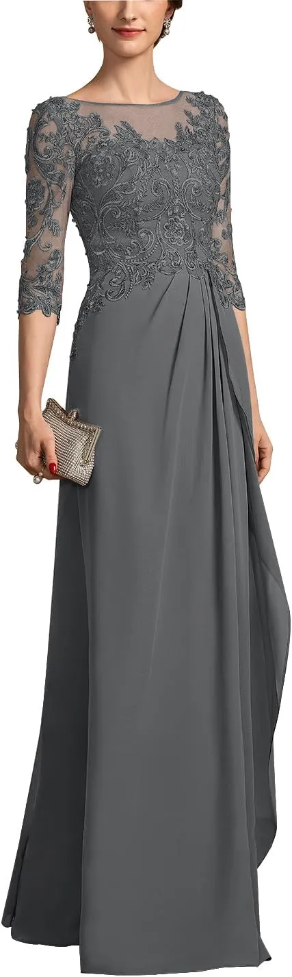 Mother of The Bride Dresses for Women Chiffon A-Line Scoop Illusion Evening Gowns with Beading Sequins ZXF006