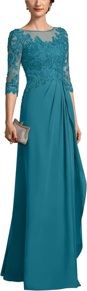 Mother of The Bride Dresses for Women Chiffon A-Line Scoop Illusion Evening Gowns with Beading Sequins ZXF006