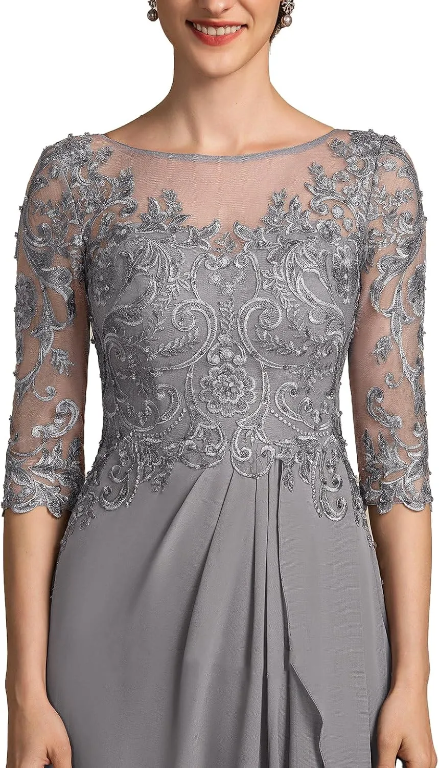 Mother of The Bride Dresses for Women Chiffon A-Line Scoop Illusion Evening Gowns with Beading Sequins ZXF006