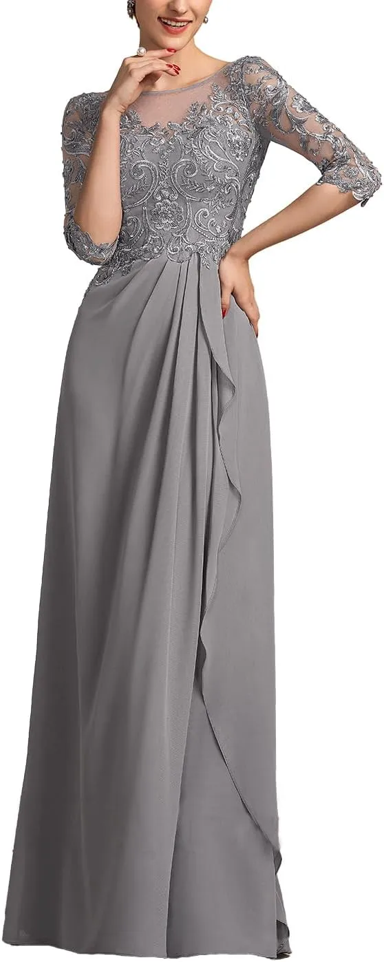 Mother of The Bride Dresses for Women Chiffon A-Line Scoop Illusion Evening Gowns with Beading Sequins ZXF006