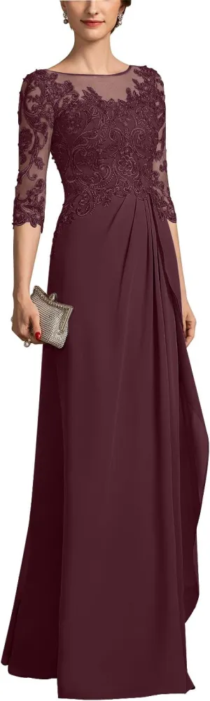 Mother of The Bride Dresses for Women Chiffon A-Line Scoop Illusion Evening Gowns with Beading Sequins ZXF006