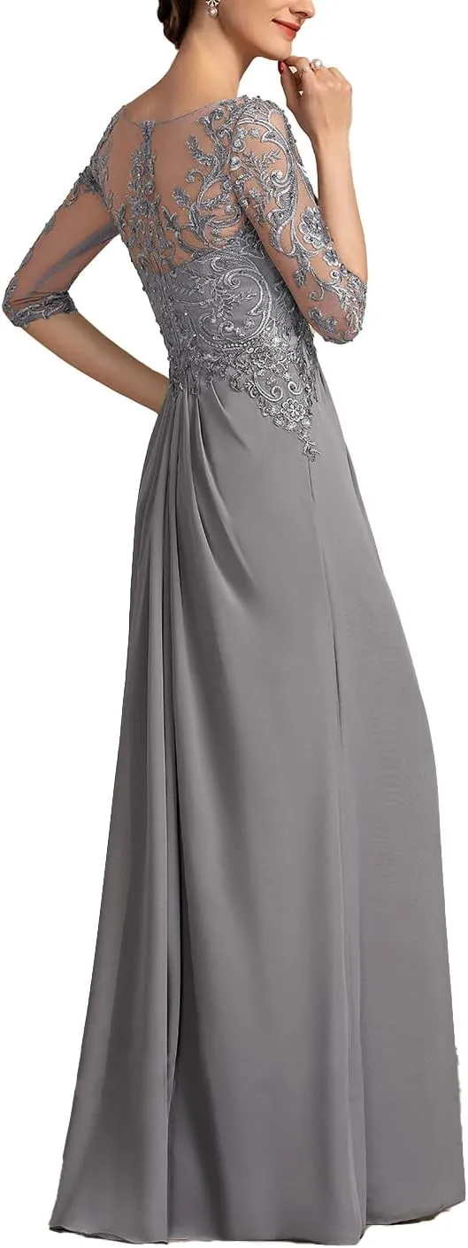 Mother of The Bride Dresses for Women Chiffon A-Line Scoop Illusion Evening Gowns with Beading Sequins ZXF006