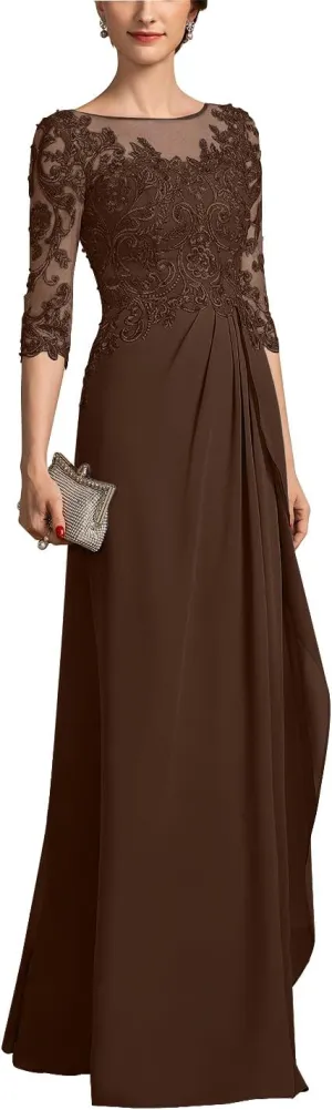 Mother of The Bride Dresses for Women Chiffon A-Line Scoop Illusion Evening Gowns with Beading Sequins ZXF006