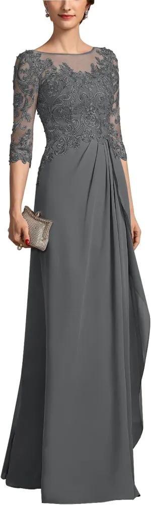 Mother of The Bride Dresses for Women Chiffon A-Line Scoop Illusion Evening Gowns with Beading Sequins ZXF006