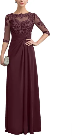 Mother of The Bride Dresses Long Chiffon Lace Wedding Guest Dresses for Women Ruched Formal Evening Gowns