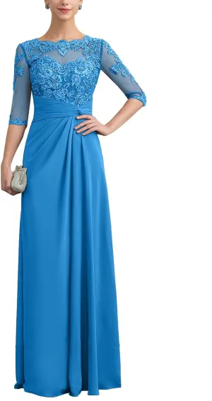 Mother of The Bride Dresses Long Chiffon Lace Wedding Guest Dresses for Women Ruched Formal Evening Gowns