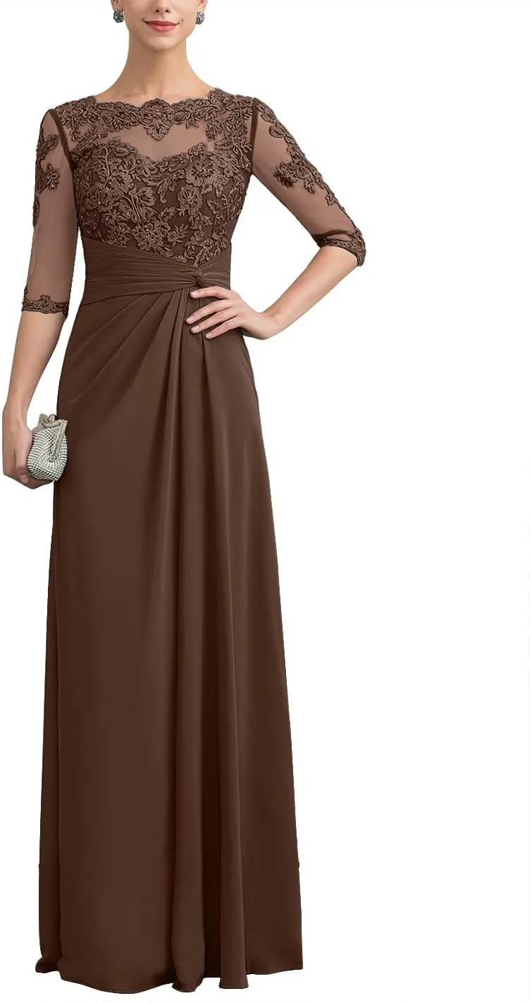 Mother of The Bride Dresses Long Chiffon Lace Wedding Guest Dresses for Women Ruched Formal Evening Gowns