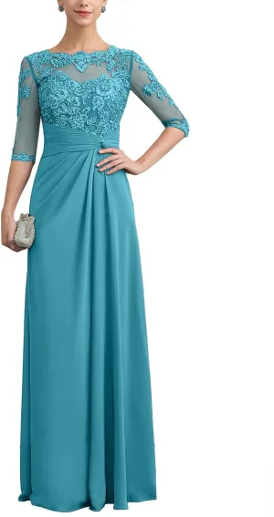 Mother of The Bride Dresses Long Chiffon Lace Wedding Guest Dresses for Women Ruched Formal Evening Gowns