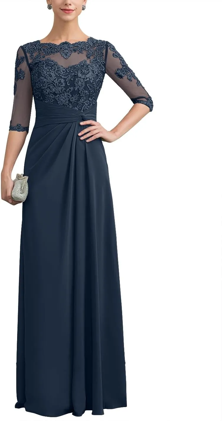 Mother of The Bride Dresses Long Chiffon Lace Wedding Guest Dresses for Women Ruched Formal Evening Gowns