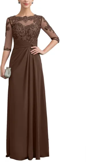 Mother of The Bride Dresses Long Chiffon Lace Wedding Guest Dresses for Women Ruched Formal Evening Gowns