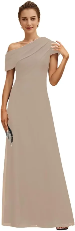 Mother of The Bride Dresses Pleated A-line One Shoulder Floor Length Chiffon Short Sleeves Long Formal Evening Gowns