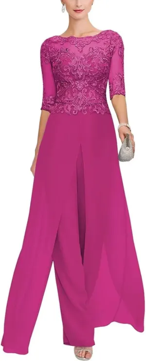 Mother of The Bride Jumpsuit for Wedding 2Pcs Lace Applique Pant Suits Wedding Guest Dresses for Women