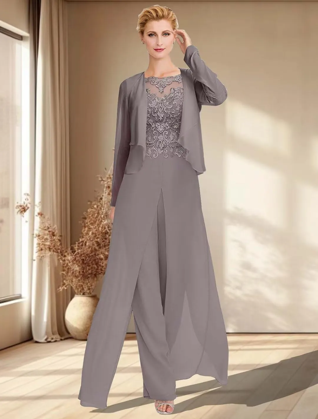 Mother of The Bride Jumpsuit for Wedding 2Pcs Lace Applique Pant Suits Wedding Guest Dresses for Women