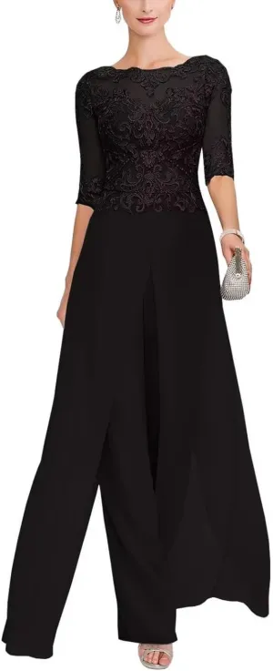 Mother of The Bride Jumpsuit for Wedding 2Pcs Lace Applique Pant Suits Wedding Guest Dresses for Women