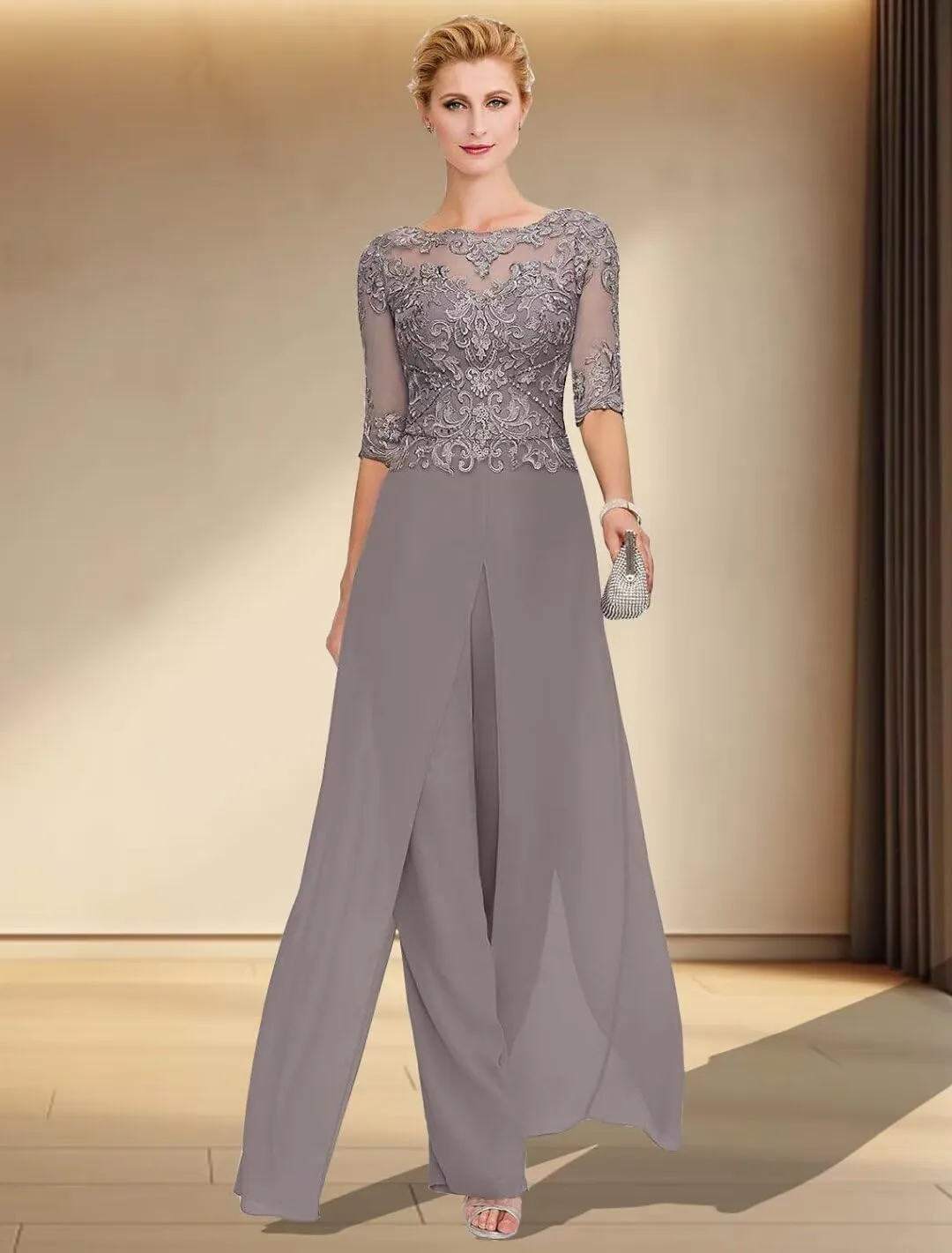 Mother of The Bride Jumpsuit for Wedding 2Pcs Lace Applique Pant Suits Wedding Guest Dresses for Women