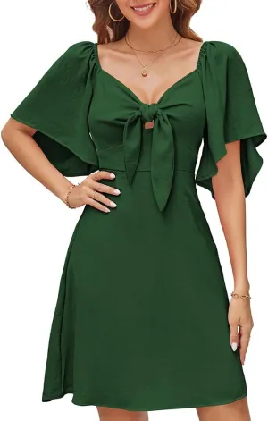 Naggoo Womens Dresses Tie Knot Deep V Neck Summer Dress Flowy Mini Dress Short Sleeve Elegant A-Line Cocktail Dresses
