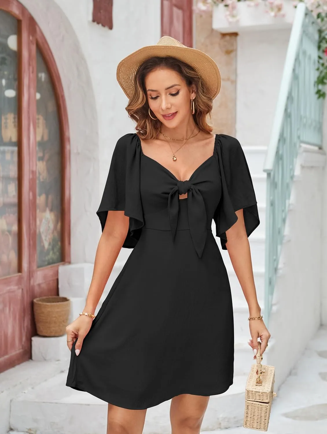 Naggoo Womens Dresses Tie Knot Deep V Neck Summer Dress Flowy Mini Dress Short Sleeve Elegant A-Line Cocktail Dresses