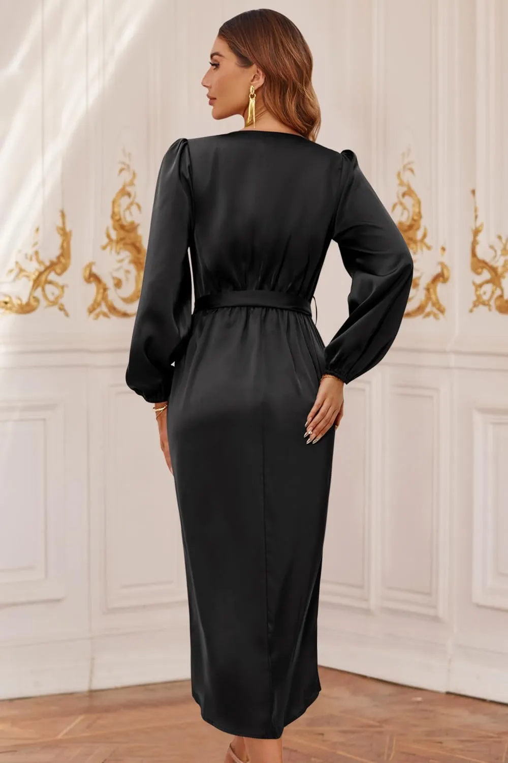 Newshows Women's 2023 Satin Short/Long Sleeve Cocktail Midi Dress Belted Ruched Slit Formal Wedding Guest Dresses