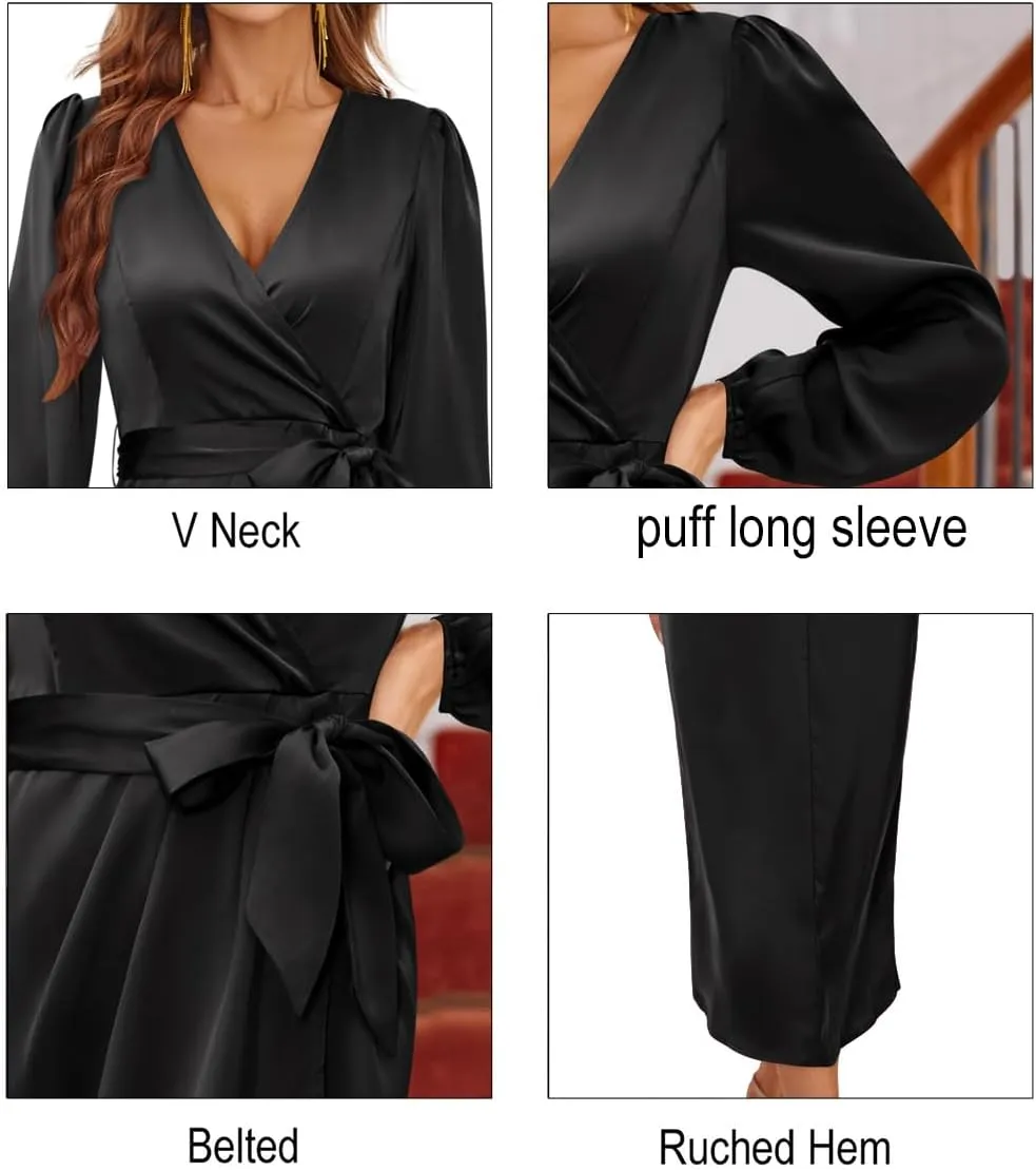 Newshows Women's 2023 Satin Short/Long Sleeve Cocktail Midi Dress Belted Ruched Slit Formal Wedding Guest Dresses