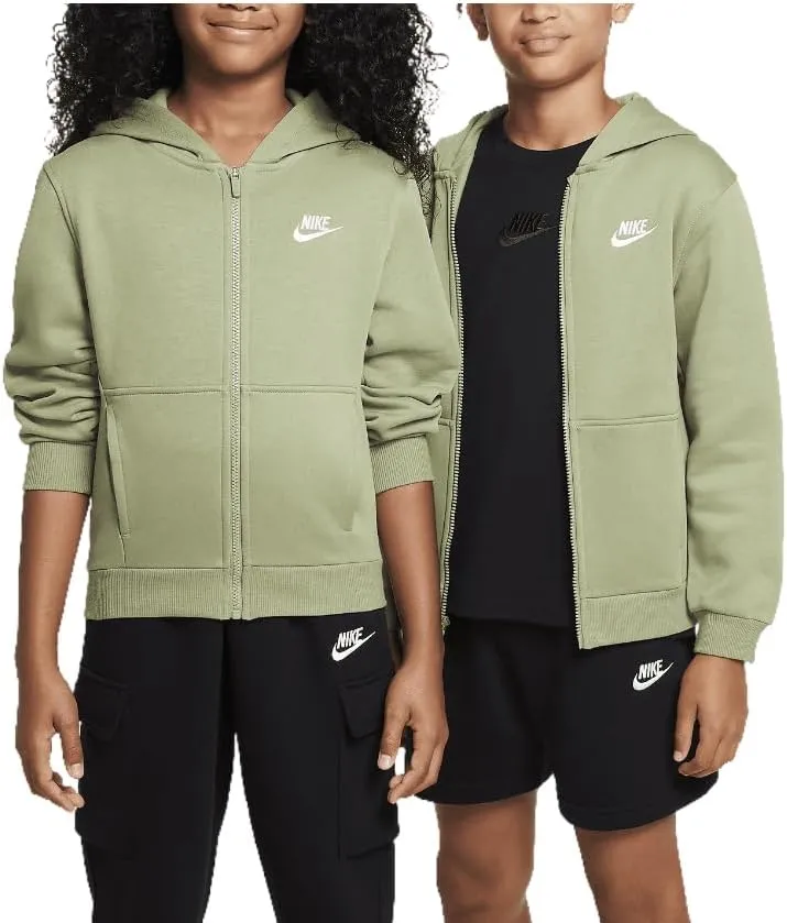 Nike Sportswear Club Fleece Big Kids' Full-Zip Hoodie (FD3004-386, Oil Green/White)