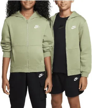 Nike Sportswear Club Fleece Big Kids' Full-Zip Hoodie (FD3004-386, Oil Green/White)