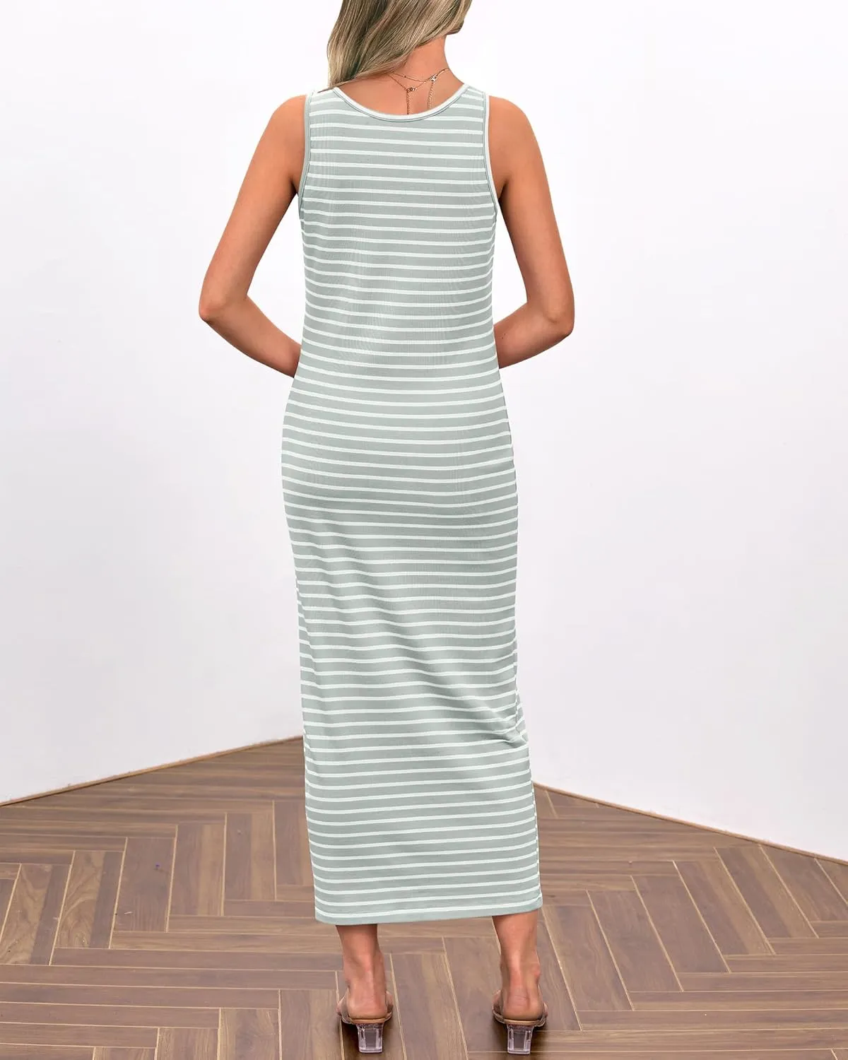 NOLLSOM Women Casual Sleeveless Striped Tank Midi Dresses Spring U Neck Bodycon Dresses T Shirt Summer Dress