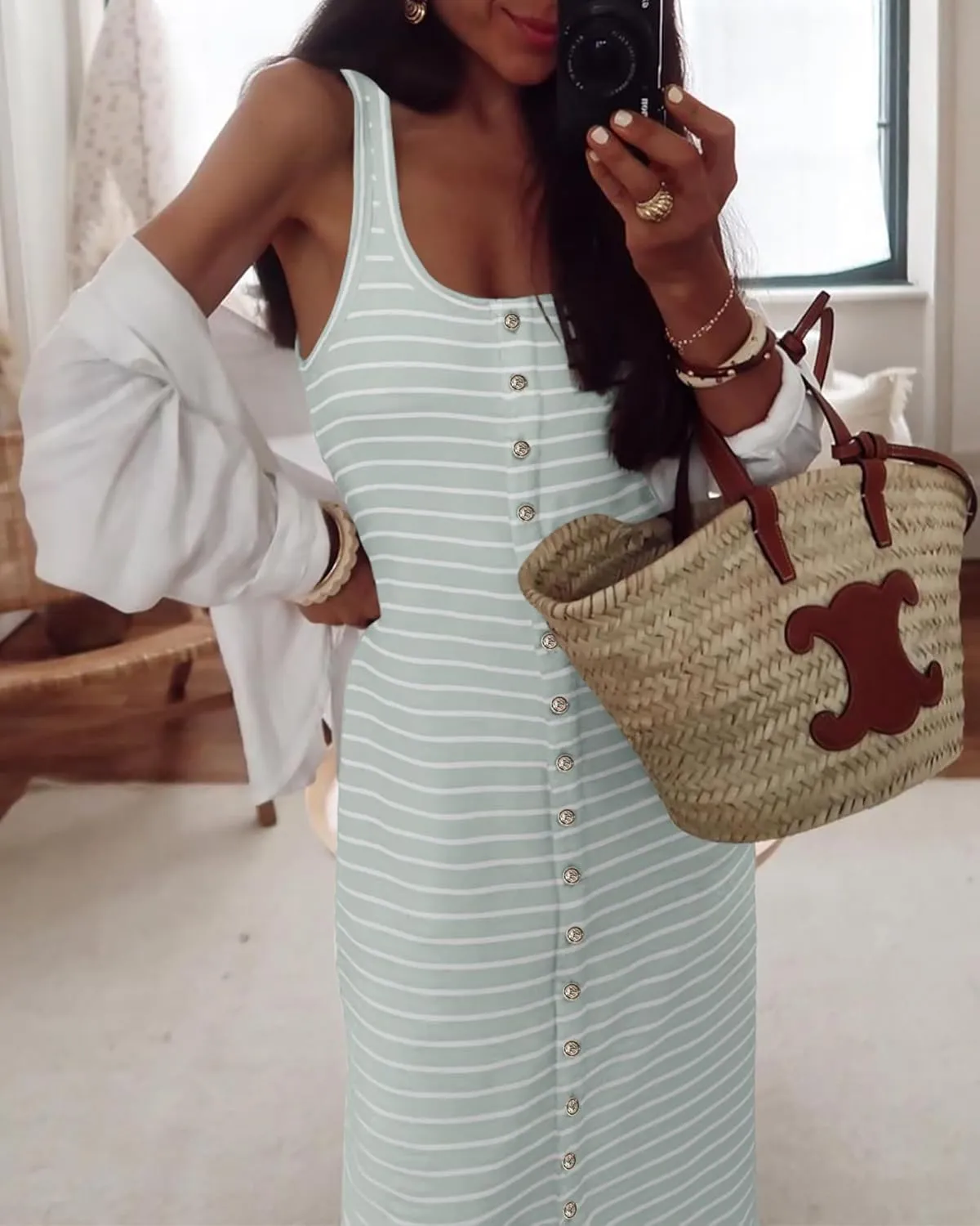 NOLLSOM Women Casual Sleeveless Striped Tank Midi Dresses Spring U Neck Bodycon Dresses T Shirt Summer Dress