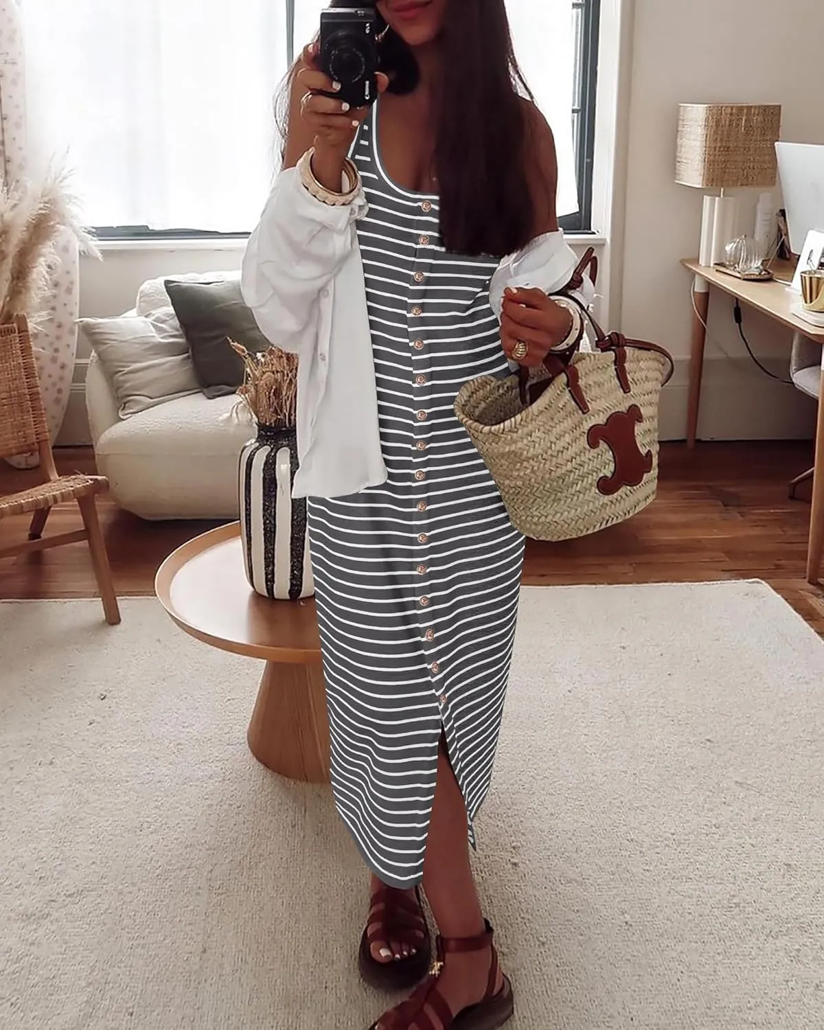 NOLLSOM Women Casual Sleeveless Striped Tank Midi Dresses Spring U Neck Bodycon Dresses T Shirt Summer Dress