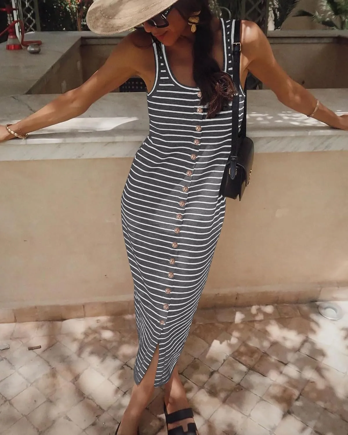 NOLLSOM Women Casual Sleeveless Striped Tank Midi Dresses Spring U Neck Bodycon Dresses T Shirt Summer Dress