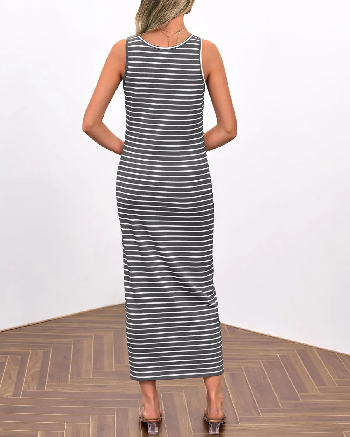 NOLLSOM Women Casual Sleeveless Striped Tank Midi Dresses Spring U Neck Bodycon Dresses T Shirt Summer Dress