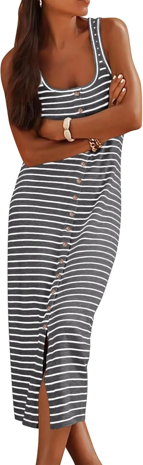 NOLLSOM Women Casual Sleeveless Striped Tank Midi Dresses Spring U Neck Bodycon Dresses T Shirt Summer Dress