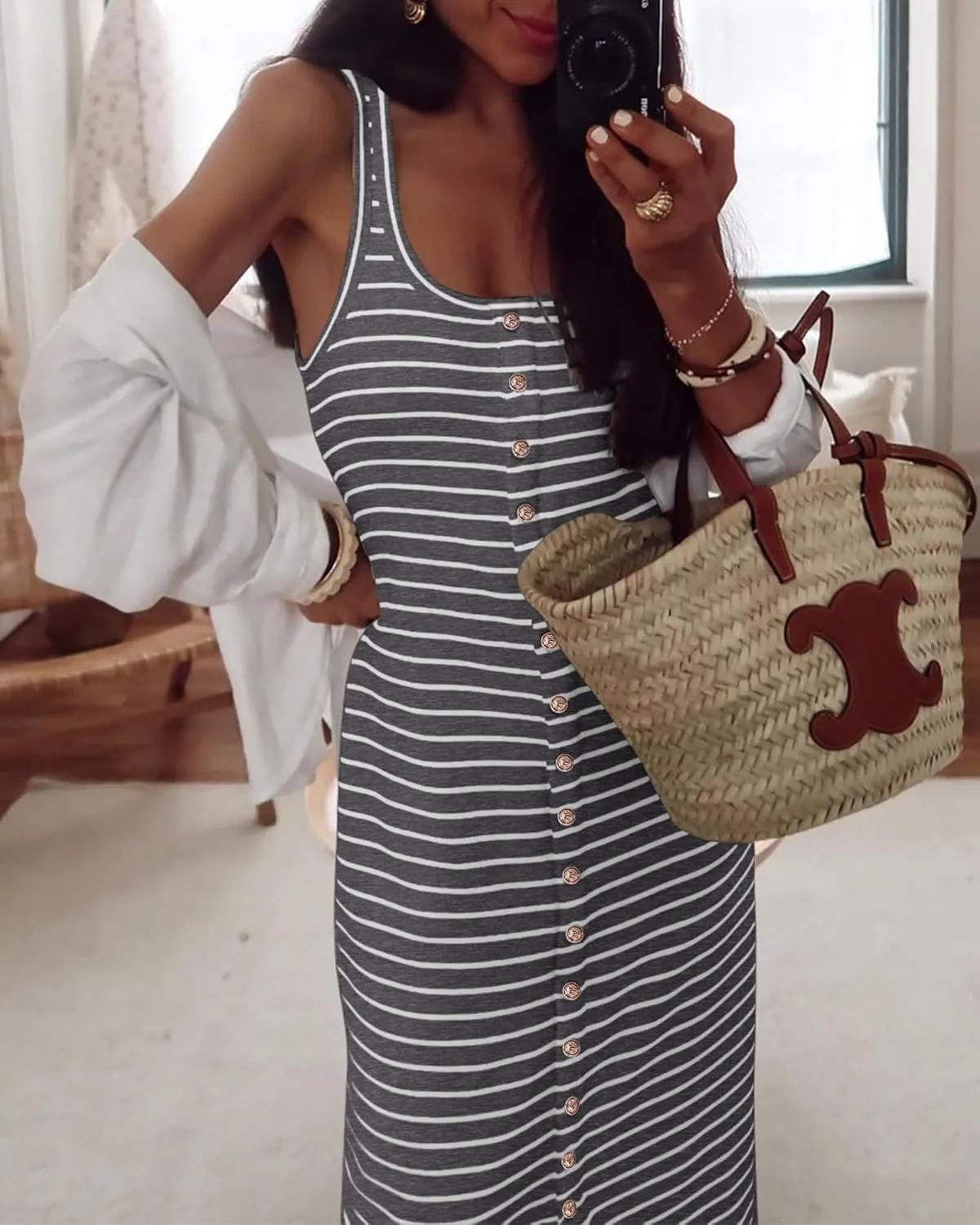 NOLLSOM Women Casual Sleeveless Striped Tank Midi Dresses Spring U Neck Bodycon Dresses T Shirt Summer Dress