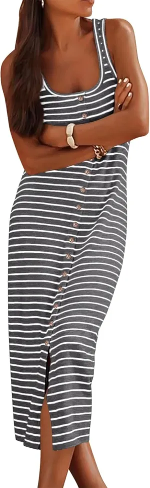 NOLLSOM Women Casual Sleeveless Striped Tank Midi Dresses Spring U Neck Bodycon Dresses T Shirt Summer Dress