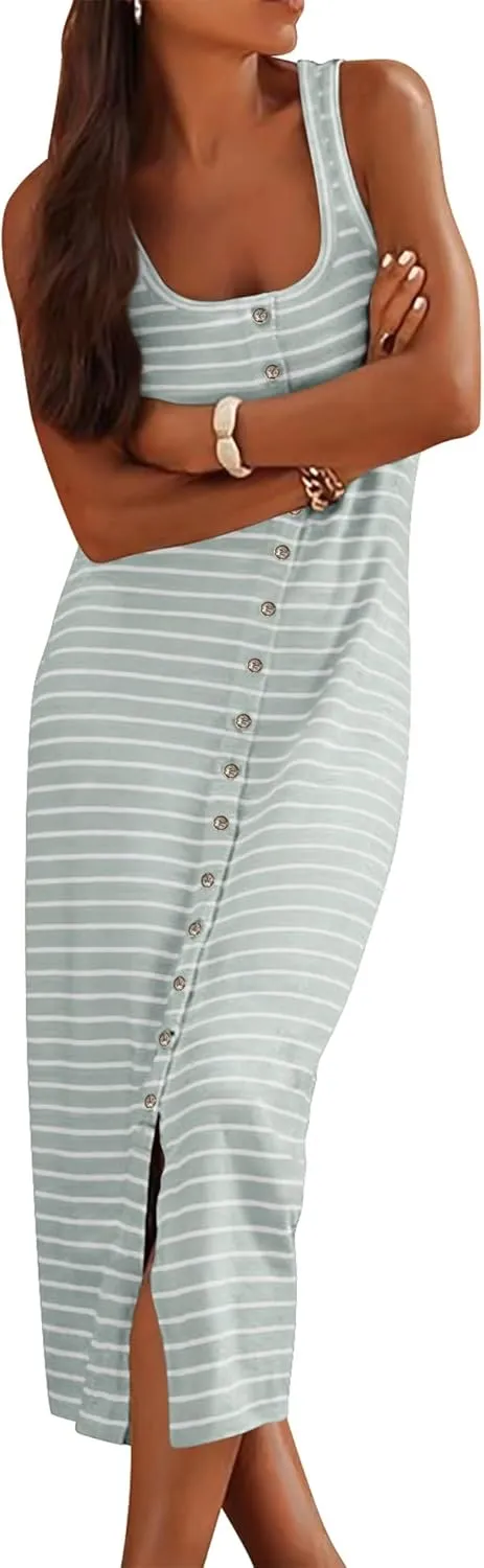 NOLLSOM Women Casual Sleeveless Striped Tank Midi Dresses Spring U Neck Bodycon Dresses T Shirt Summer Dress