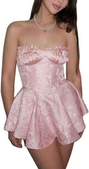 NUFIWI Sexy Strapless A Line Tube Mini Dress Sleeveless Ruffle Ruched Short Dress Off Shoulder Patchwork Beach Sundress