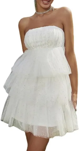 NUFIWI Sexy Strapless A Line Tube Mini Dress Sleeveless Ruffle Ruched Short Dress Off Shoulder Patchwork Beach Sundress