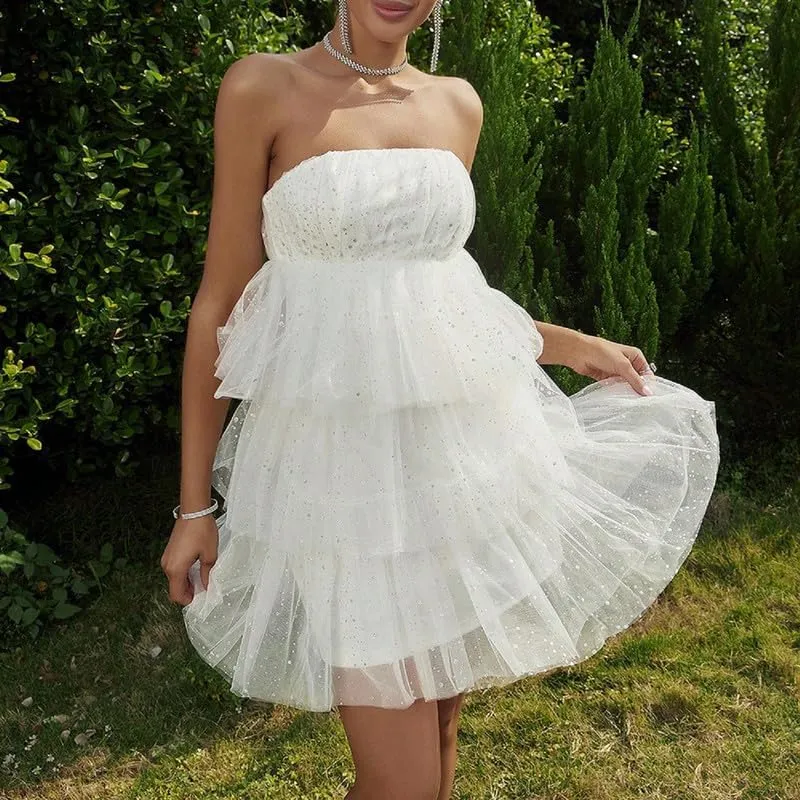 NUFIWI Sexy Strapless A Line Tube Mini Dress Sleeveless Ruffle Ruched Short Dress Off Shoulder Patchwork Beach Sundress