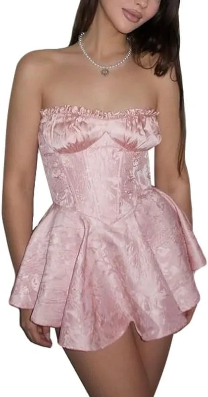 NUFIWI Sexy Strapless A Line Tube Mini Dress Sleeveless Ruffle Ruched Short Dress Off Shoulder Patchwork Beach Sundress