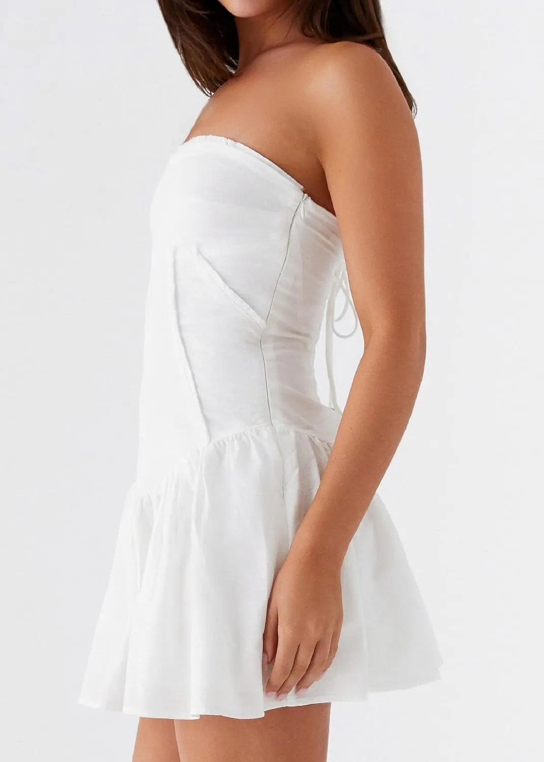 NUFIWI Women Strapless Drop Waist Flare Hem Mini Dress Off Shoulder Ruffle Ruched Short Dress A Line Mini Bandeau Dresses
