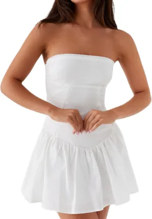 NUFIWI Women Strapless Drop Waist Flare Hem Mini Dress Off Shoulder Ruffle Ruched Short Dress A Line Mini Bandeau Dresses