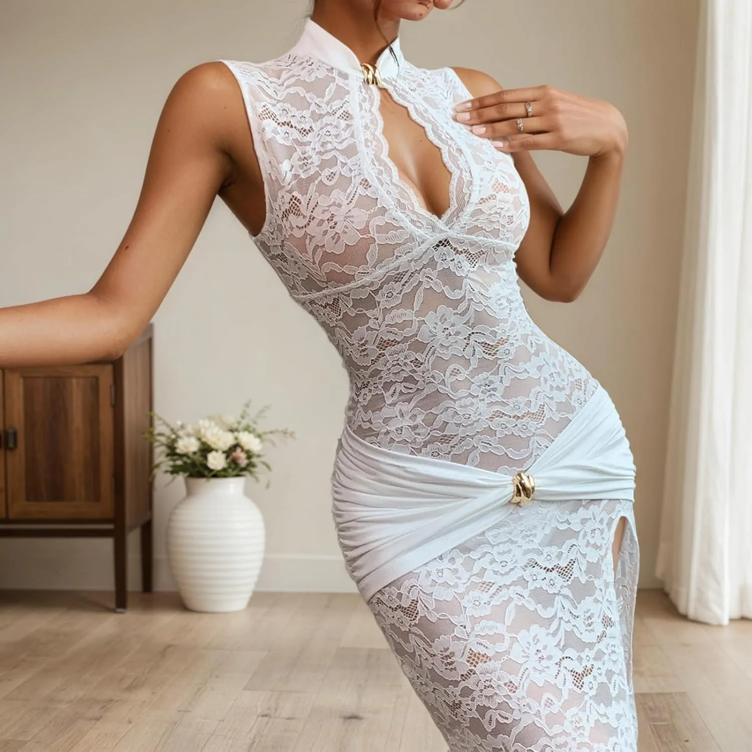 OCUH Black Lace Dress Sheer Maxi Dresses Sexy Outfit for Women Going Out High Slit Skirt Bodycon Vacation Party Wear