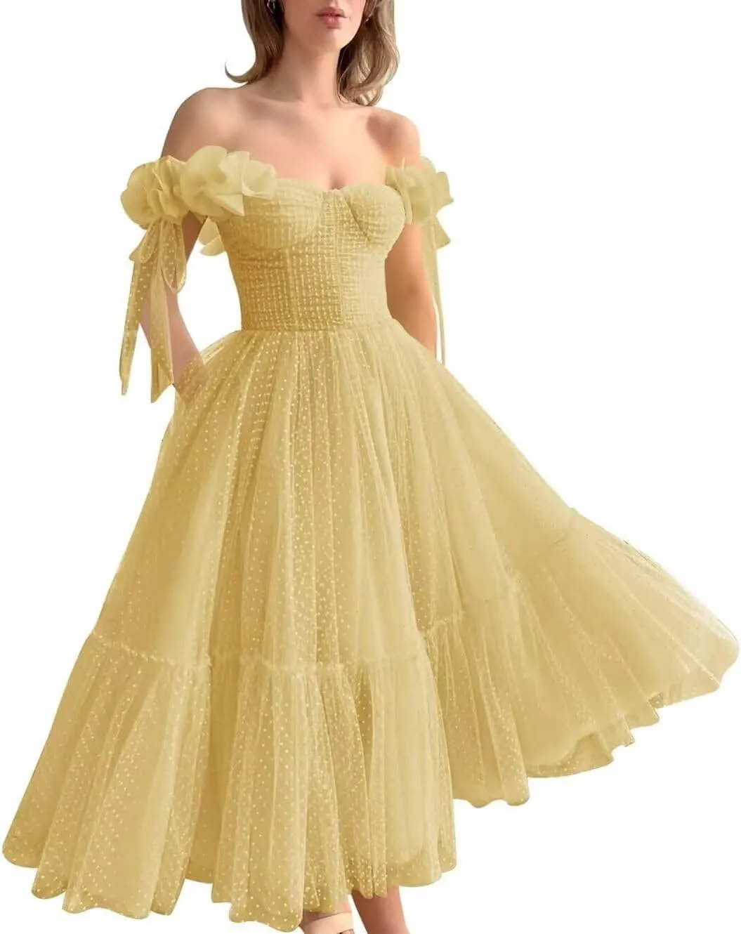 Off Shoulder Tulle Prom Dresses for Women A Line Tea Length Formal Evening Party Gowns for Teens with 3D Flowers