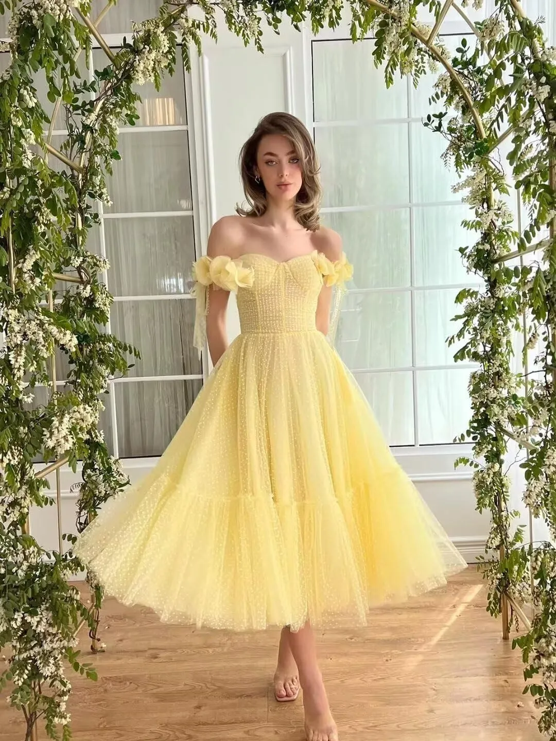 Off Shoulder Tulle Prom Dresses for Women A Line Tea Length Formal Evening Party Gowns for Teens with 3D Flowers
