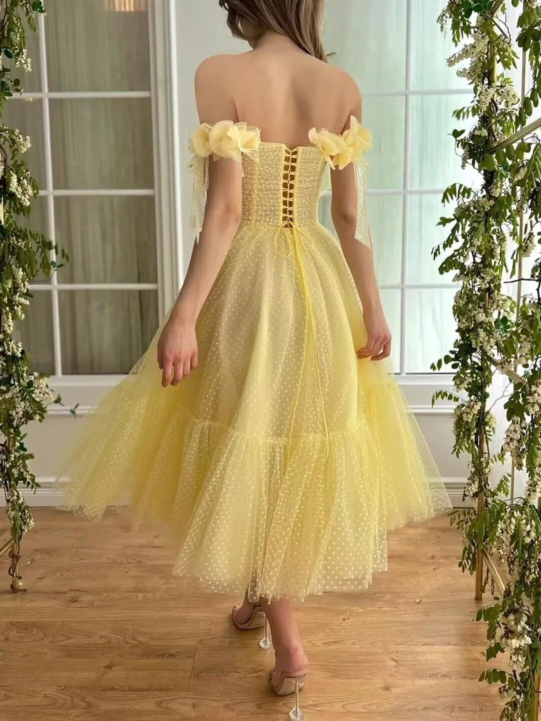 Off Shoulder Tulle Prom Dresses for Women A Line Tea Length Formal Evening Party Gowns for Teens with 3D Flowers