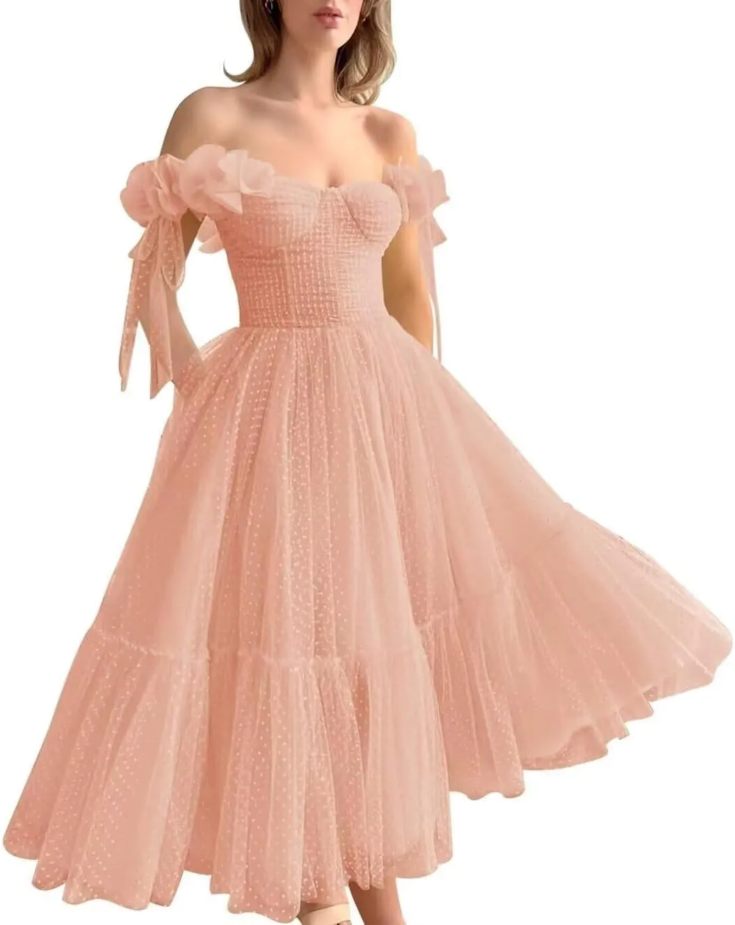 Off Shoulder Tulle Prom Dresses for Women A Line Tea Length Formal Evening Party Gowns for Teens with 3D Flowers