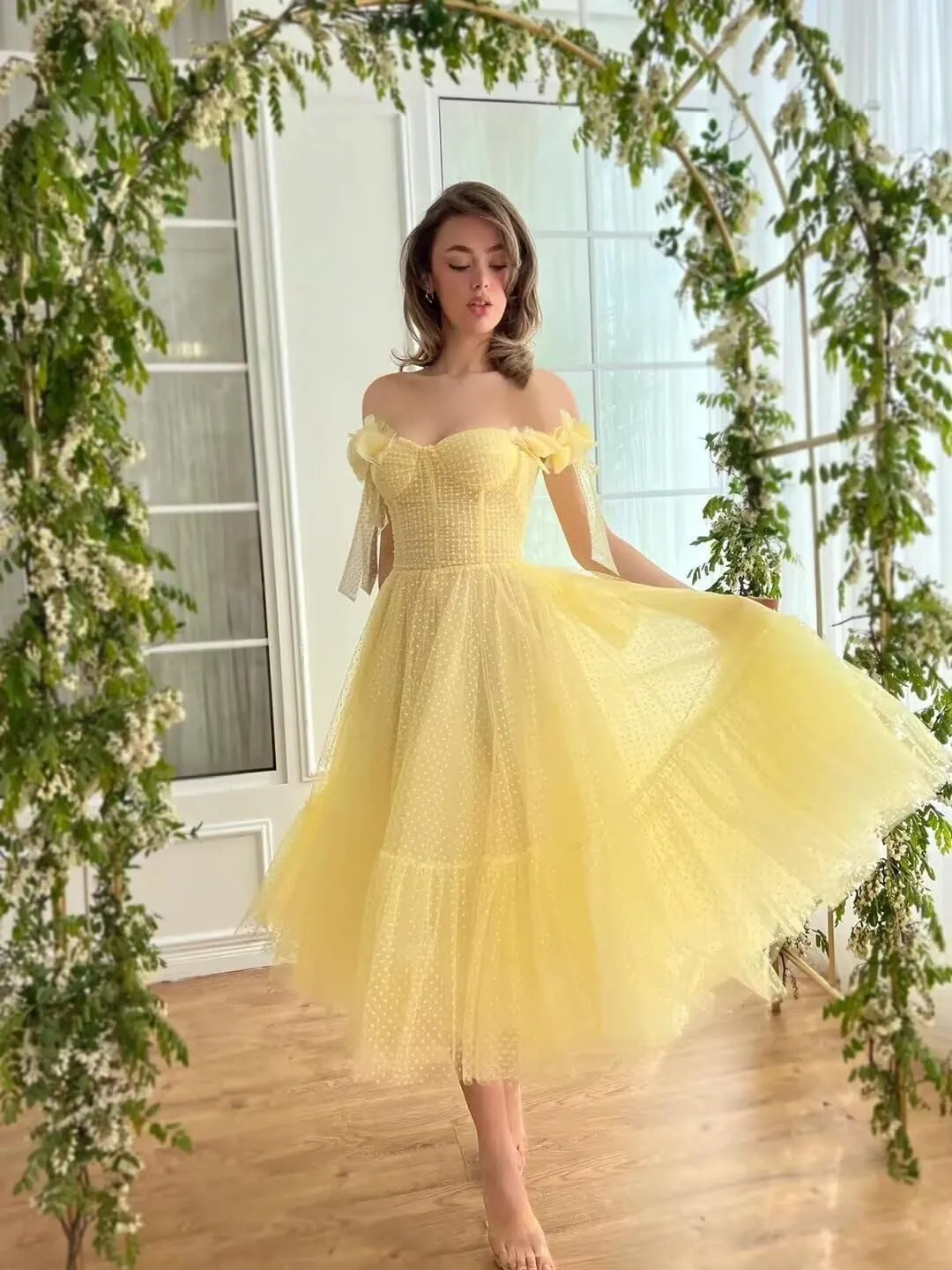 Off Shoulder Tulle Prom Dresses for Women A Line Tea Length Formal Evening Party Gowns for Teens with 3D Flowers