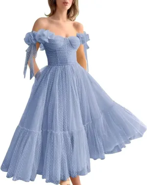 Off Shoulder Tulle Prom Dresses for Women A Line Tea Length Formal Evening Party Gowns for Teens with 3D Flowers