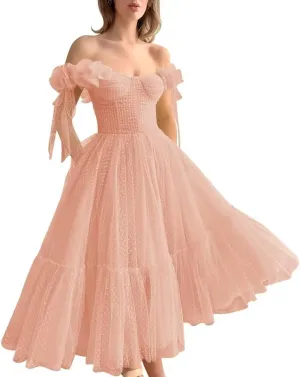 Off Shoulder Tulle Prom Dresses for Women A Line Tea Length Formal Evening Party Gowns for Teens with 3D Flowers